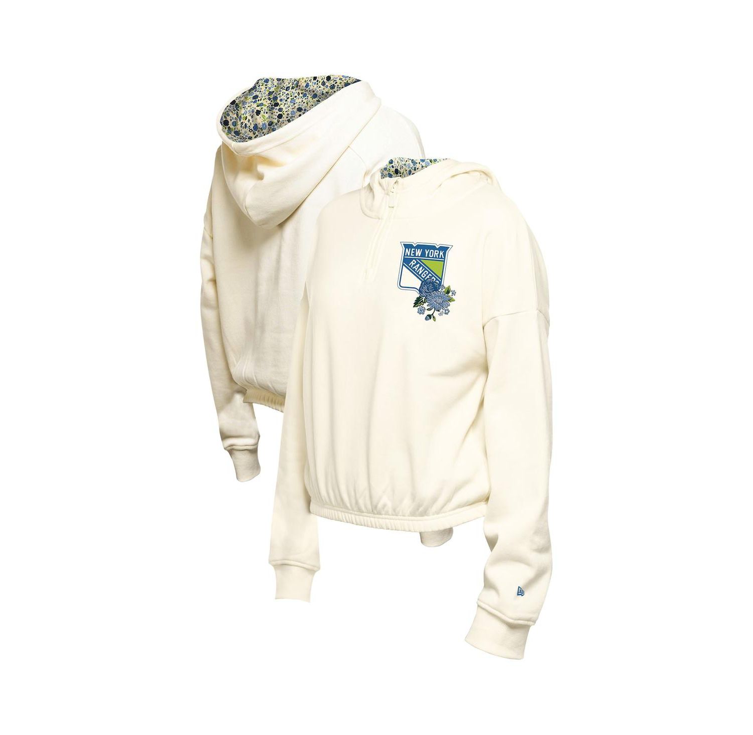Women's Cream New York Rangers Glam Game Quarter-Zip Cropped Floral Hoodie Pullover Top