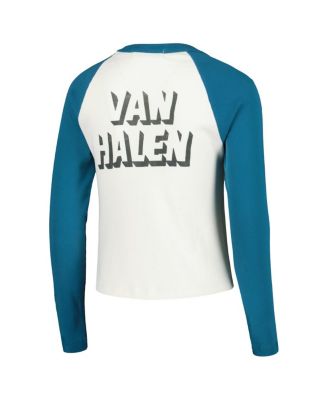 Women's Cream/Teal Van Halen 1980 World Invasion Tour Shrunken Raglan Long Sleeve Crop Top T-Shirt