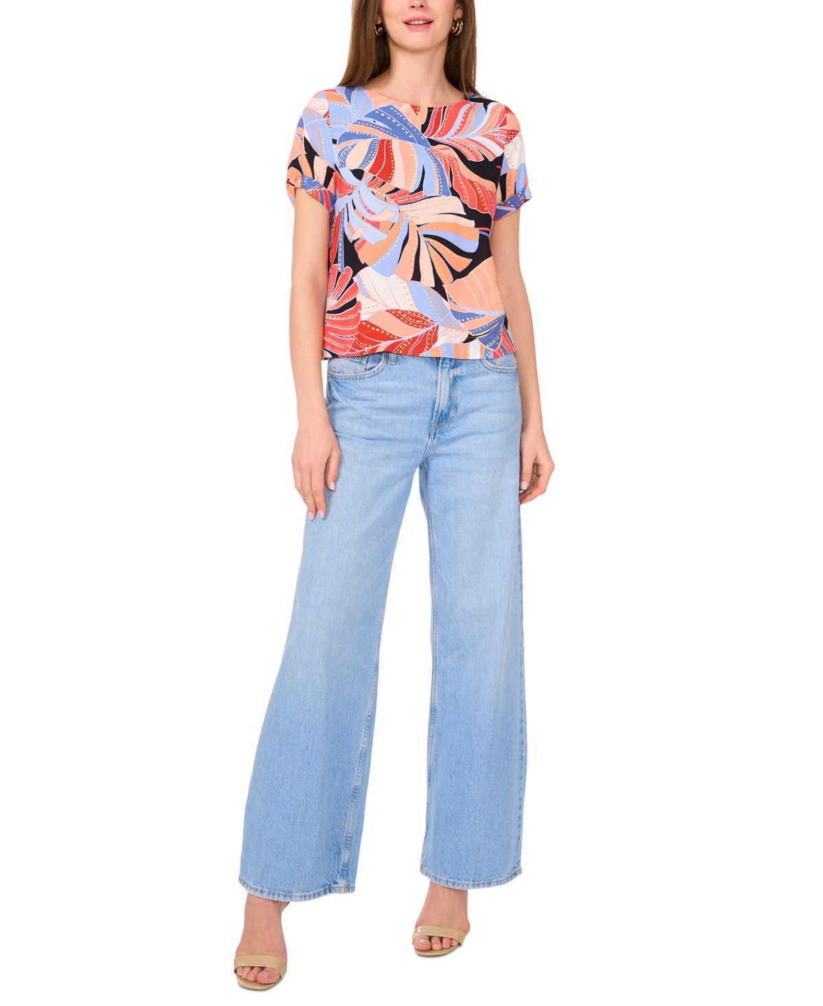 VINCE CAMUTO WOMEN'S TROPICAL-PRINT ROUND-NECK KEYHOLE-BACK CUFF-SLEEVE TOP, XS-3X 