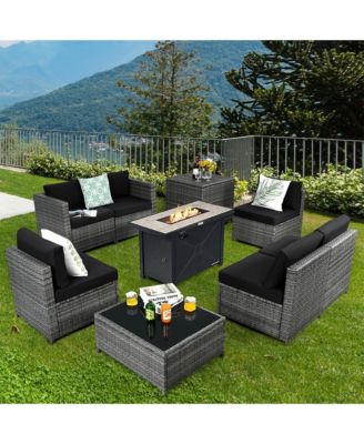 9 PCS Patio Rattan Furniture Set Fire Pit Table Storage Grey W/ Cover