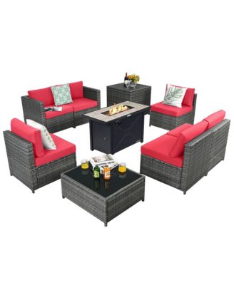 9 PCS Patio Rattan Furniture Set Fire Pit Table Storage Grey W/ Cover