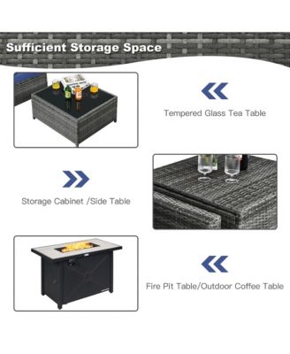 9 PCS Patio Rattan Furniture Set Fire Pit Table Storage Grey W/ Cover