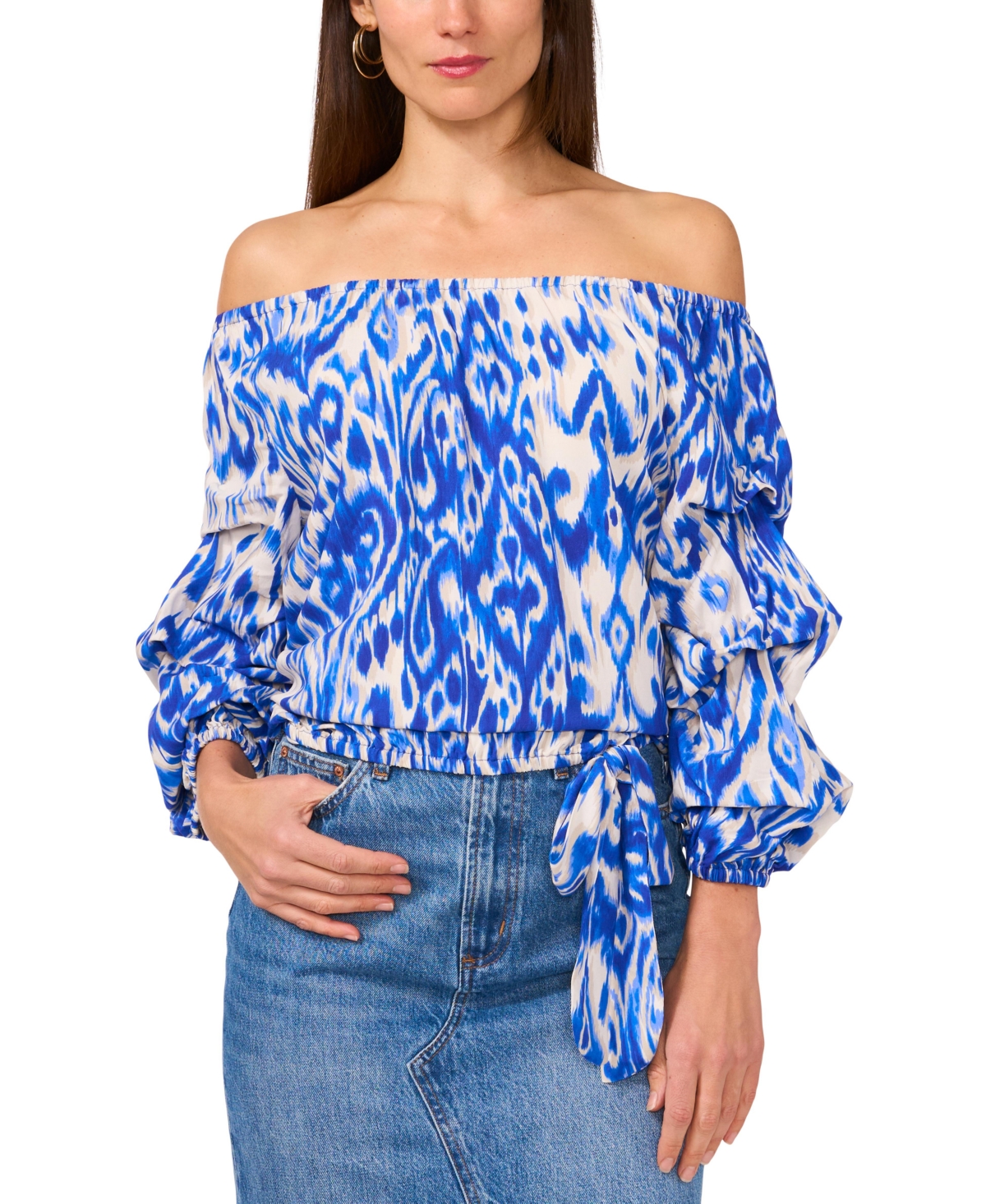Vince Camuto Ikat Print Off The Shoulder Bubble Sleeve Top In Royal Azure