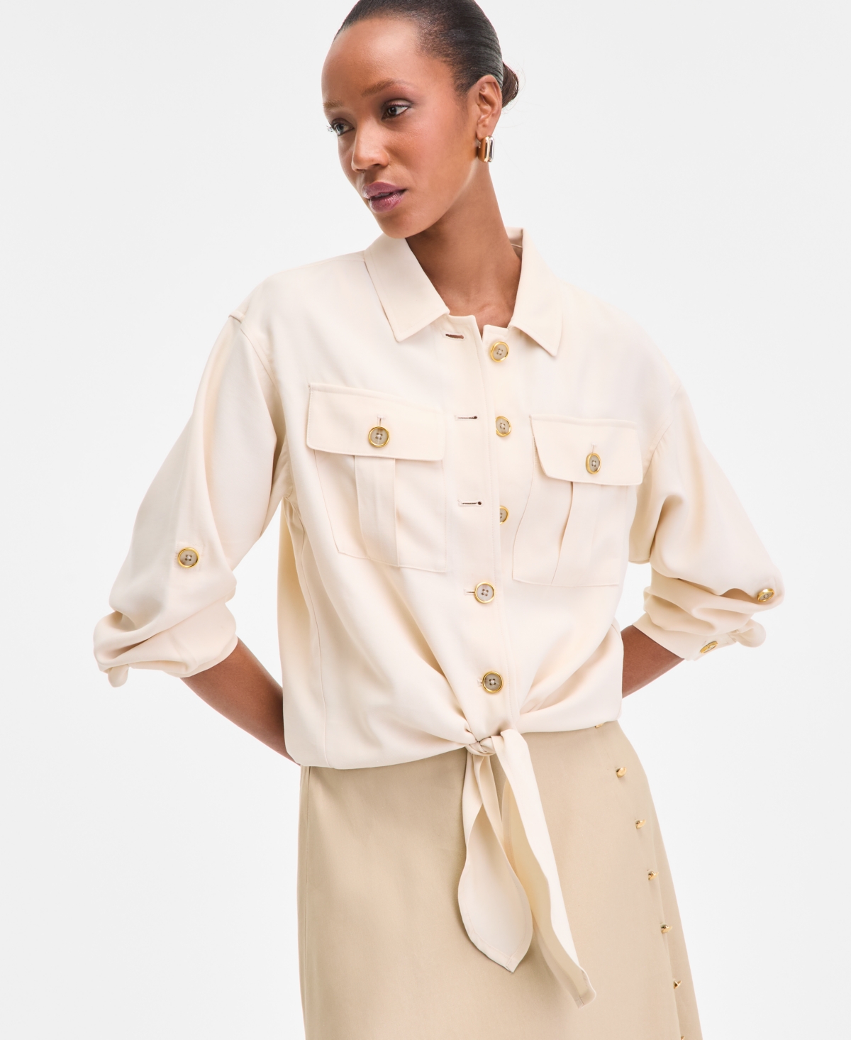 Women's Tie-Front Safari Blouse, Exclusively at Macy's - Warm Toffee