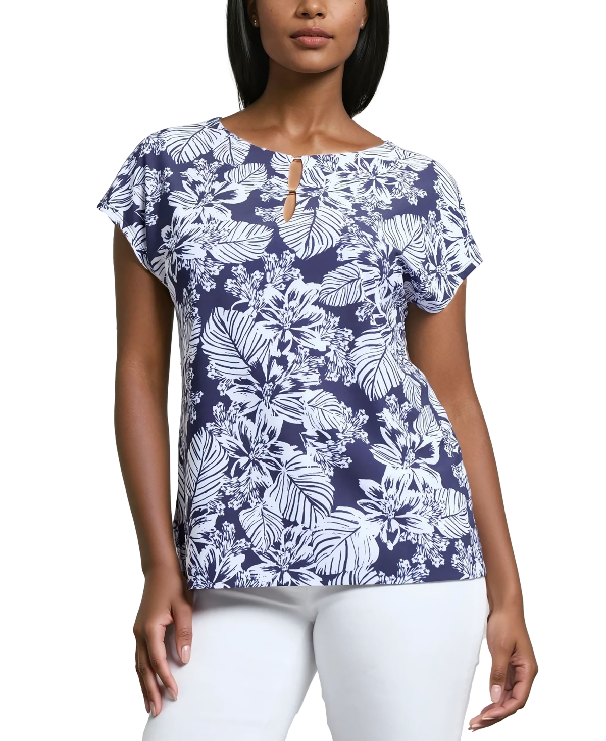 Jones New York Women's Leaf-print Extended-shoulder Top