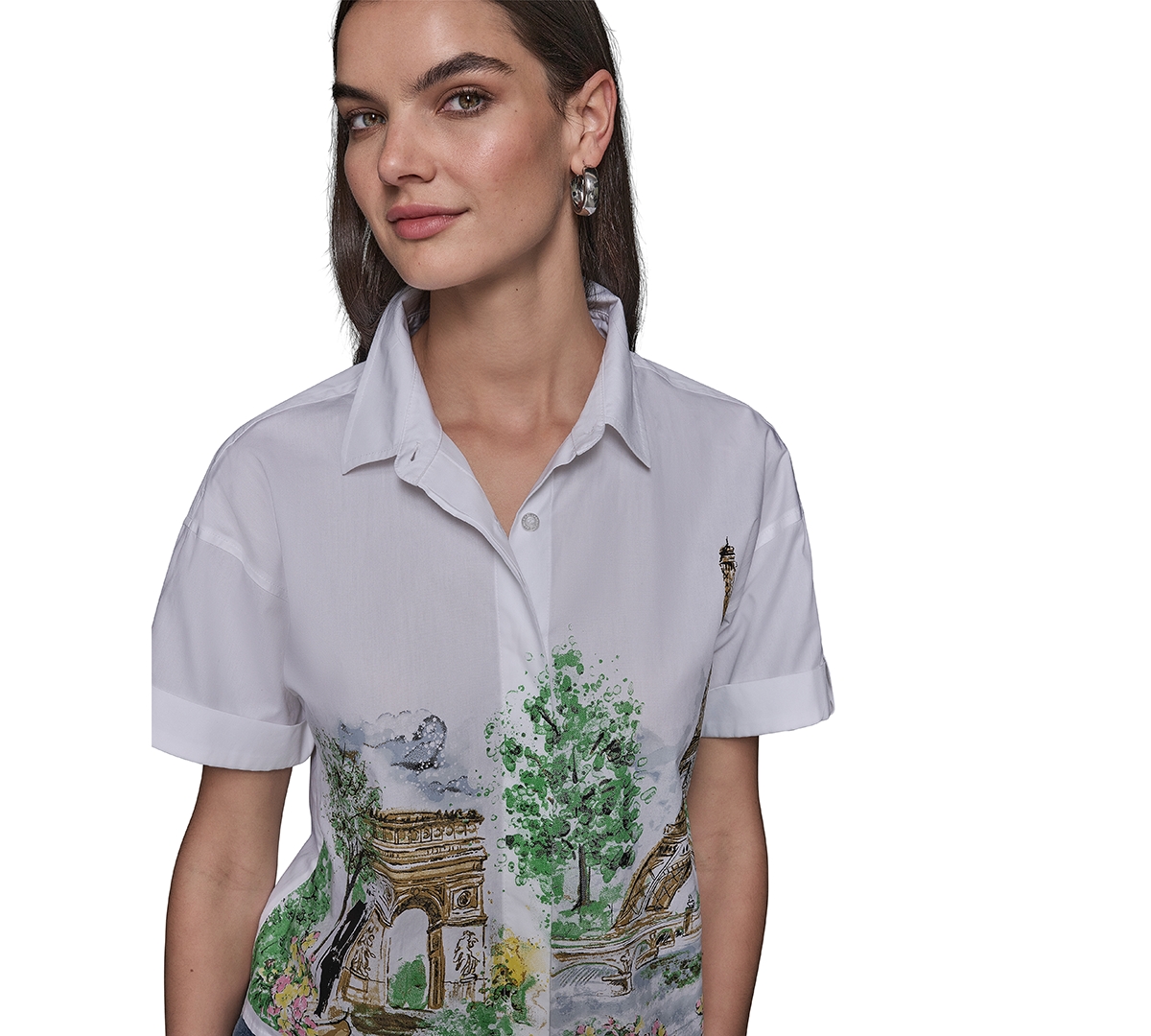 KARL LAGERFELD WOMEN'S COTTON CROP PARIS SCENE BUTTON-FRONT TOP 