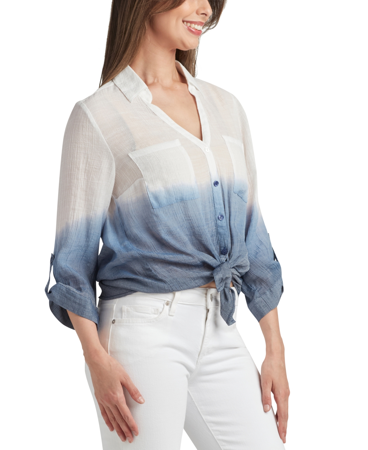 Bcx Juniors' Dip Dye Gauzy-texture Button-down Blouse In Navy