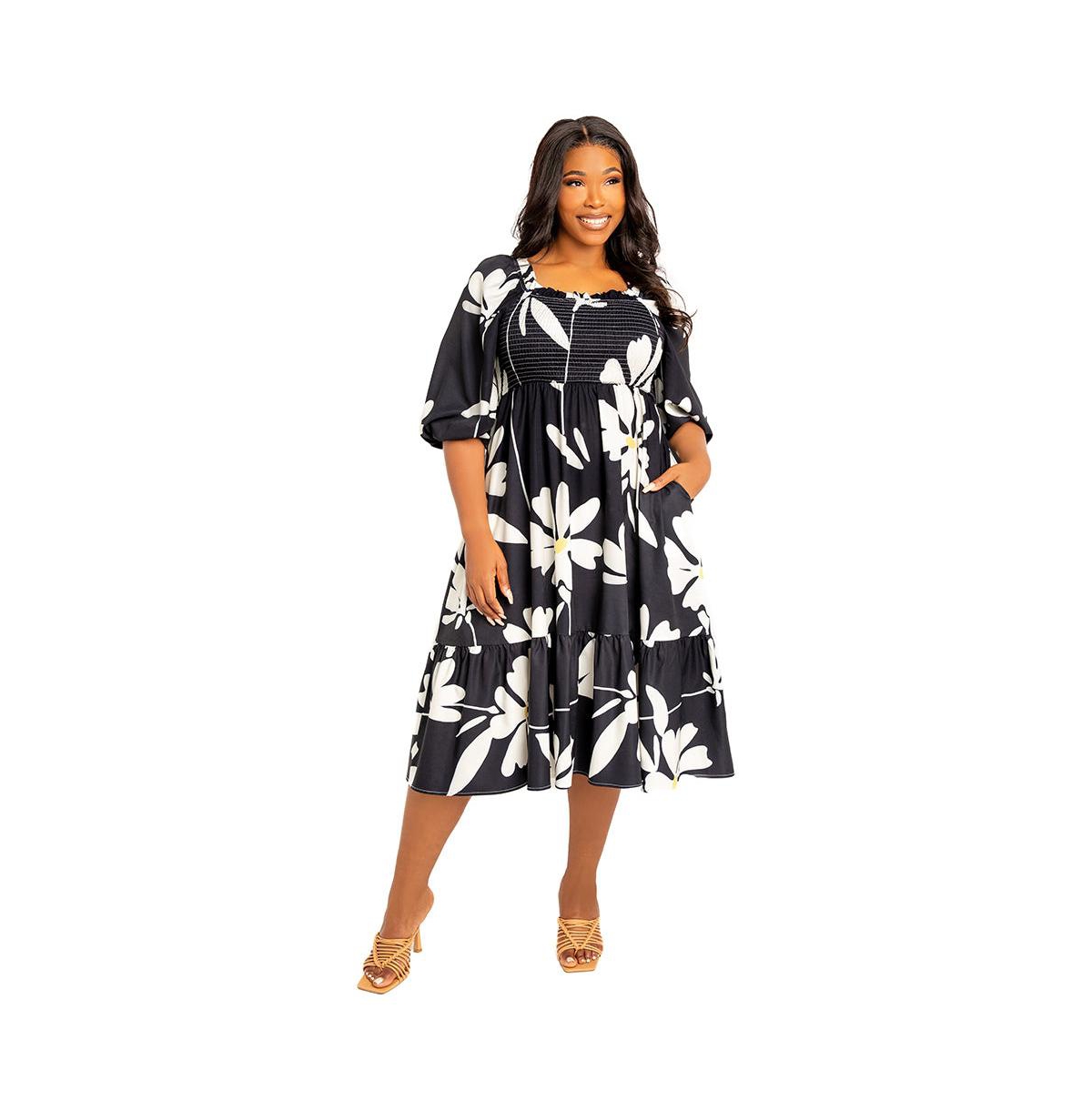 Women's Plus Size Floral Smocked Puff Sleeve Dress - Black multi