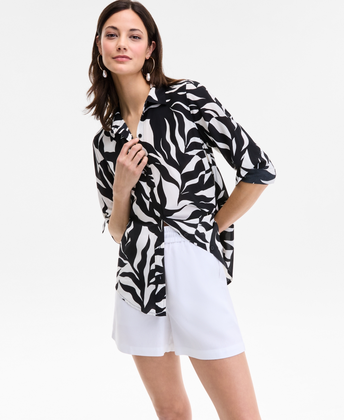 Inc International Concepts Women's Printed Long-sleeve Button-down Shirt, Exclusively At Macy's In Black