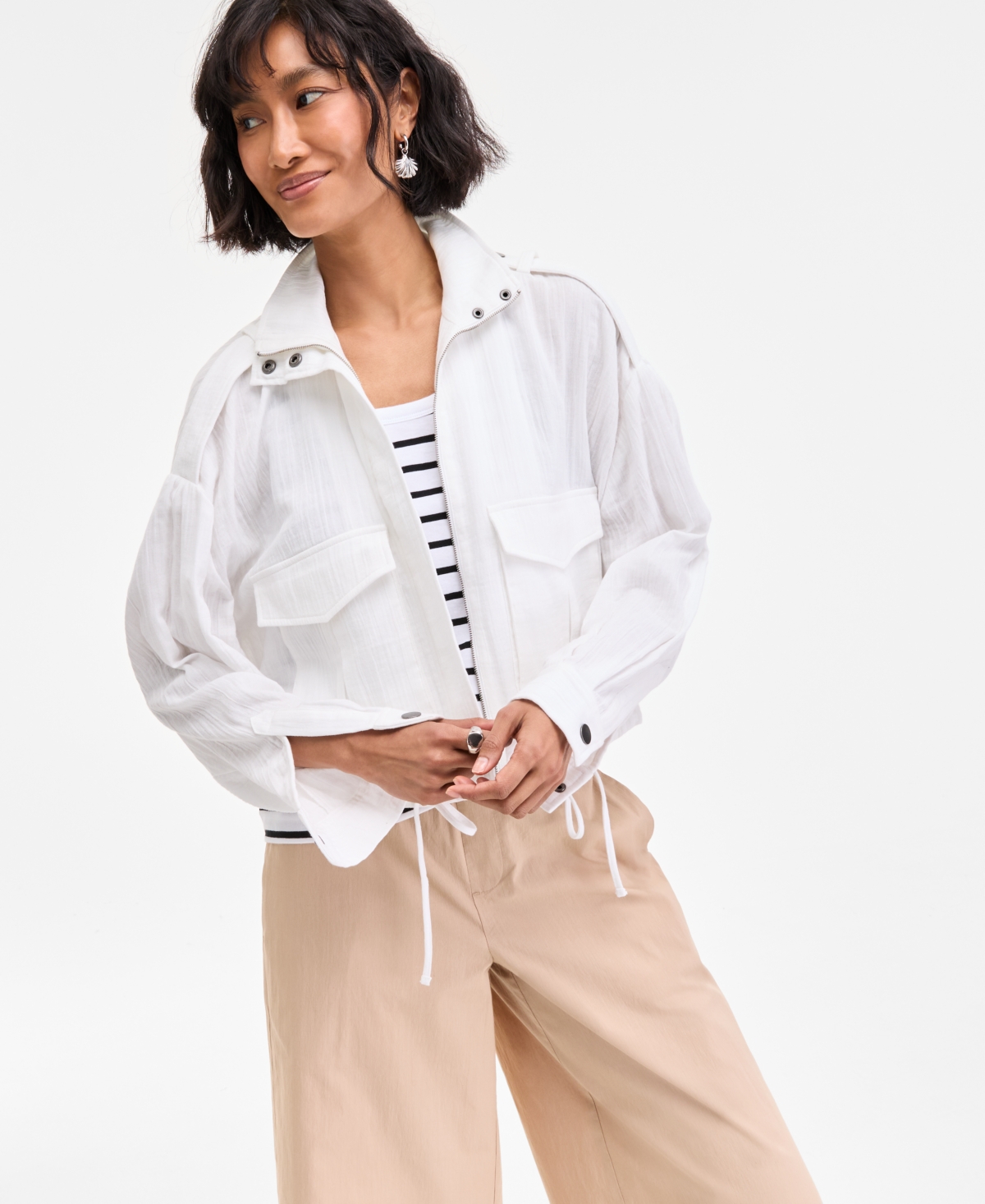 Women's Cotton Gauze Cropped Jacket, Exclusively at Macy's - Washed White