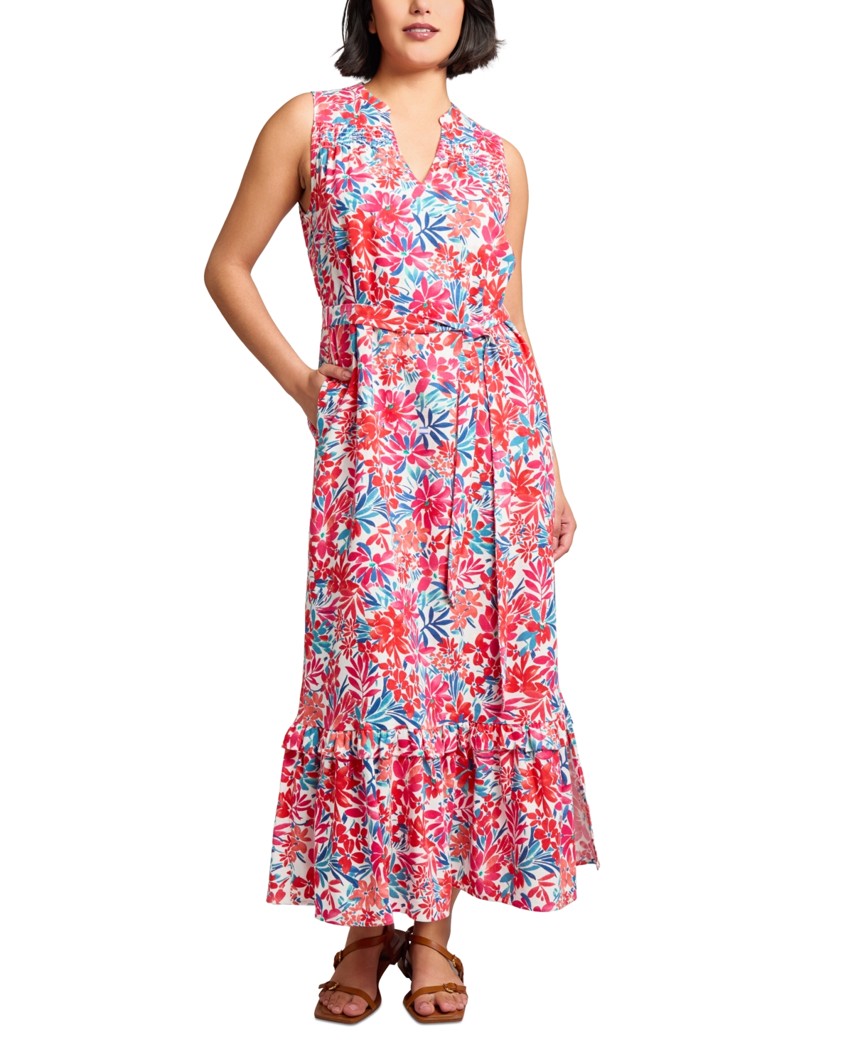 Jones New York Floral Print Ruffle Tie Waist Sleeveless Maxi Dress