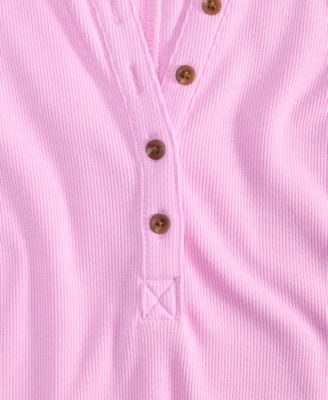 Women's Roll Cuff Rib-Knit Henley T-Shirt, Exclusively at Macy's
