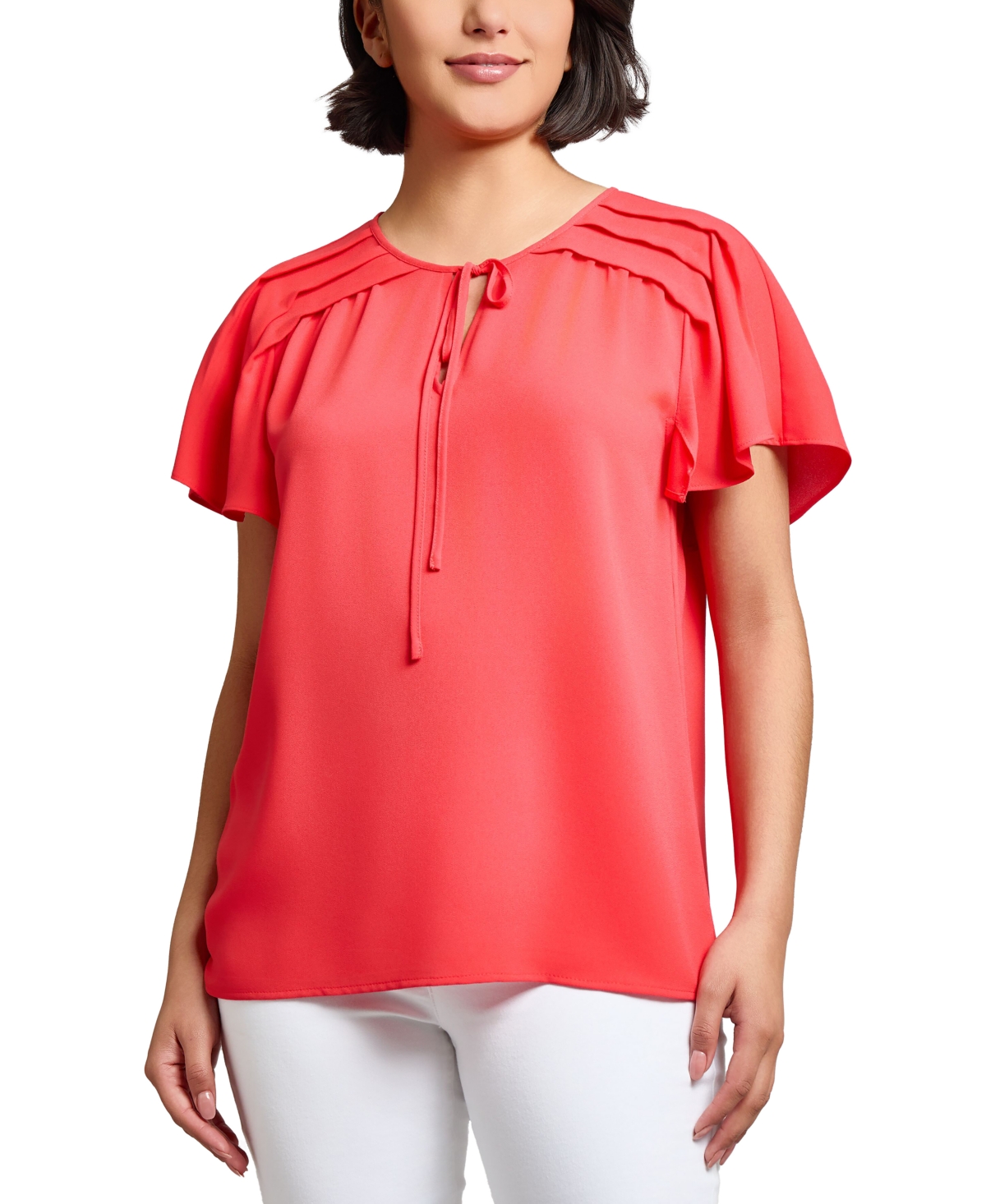 Jones New York Pleated Shoulder Tie Neck Top In Red
