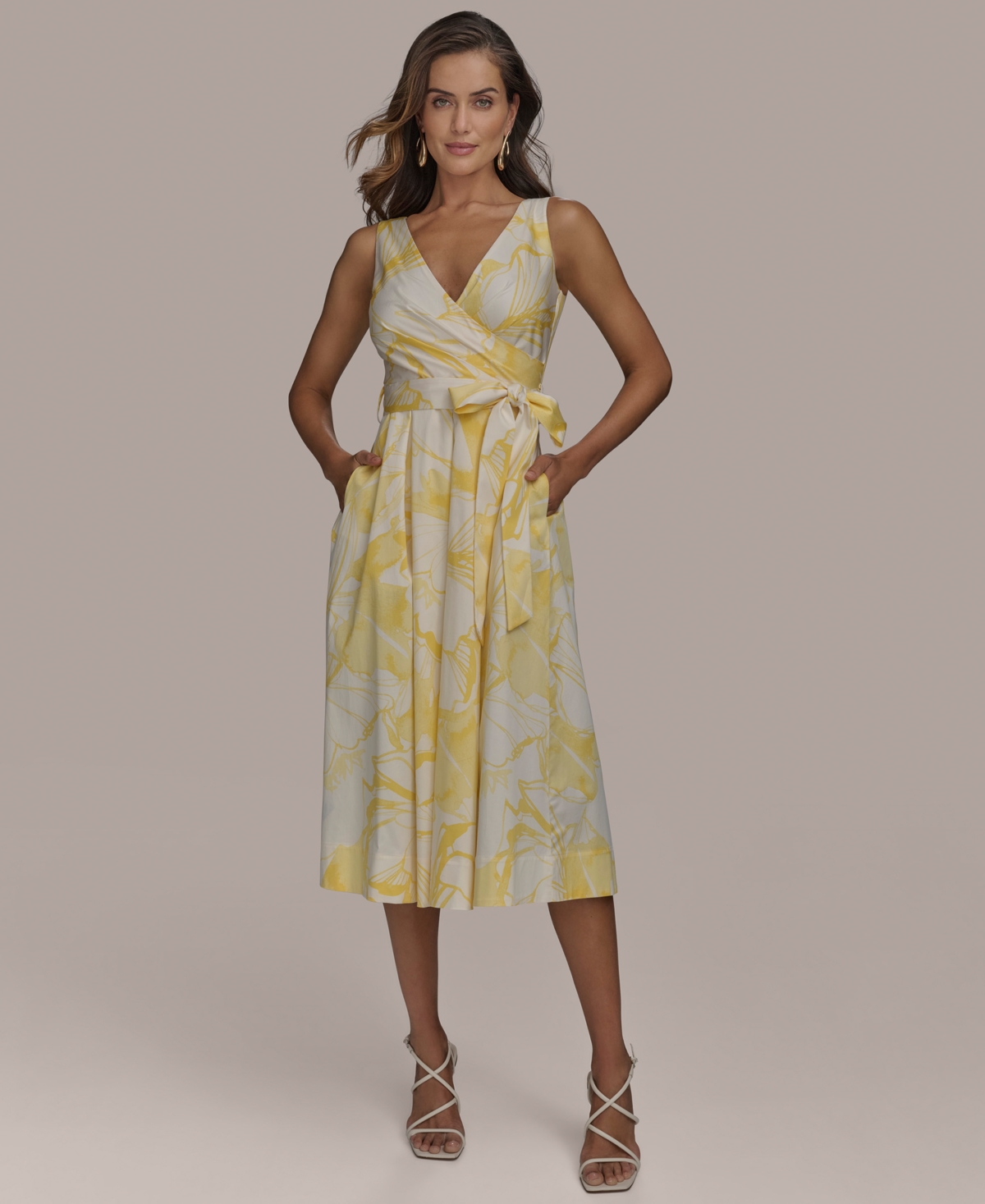 Donna Karan New York Print Tie Waist Sleeveless Midi Dress In Yellow