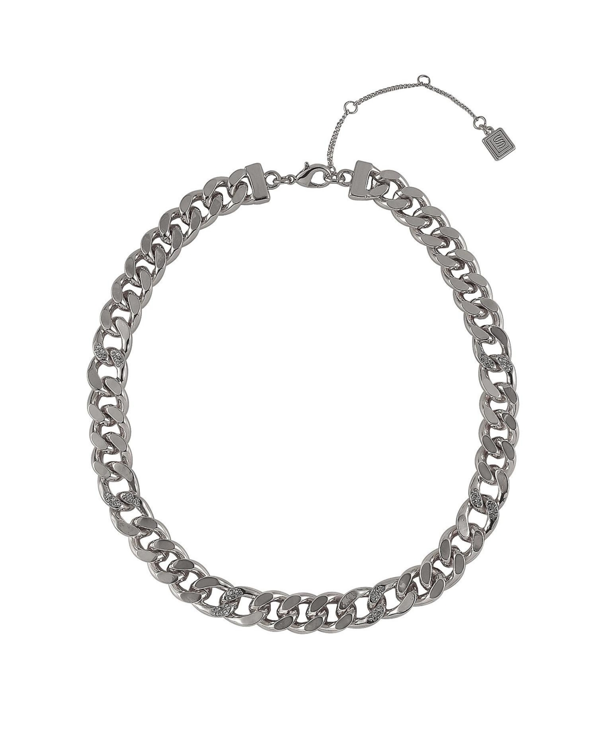 Silver Tone Chunky Chain Necklace with Pave Stones - Silver