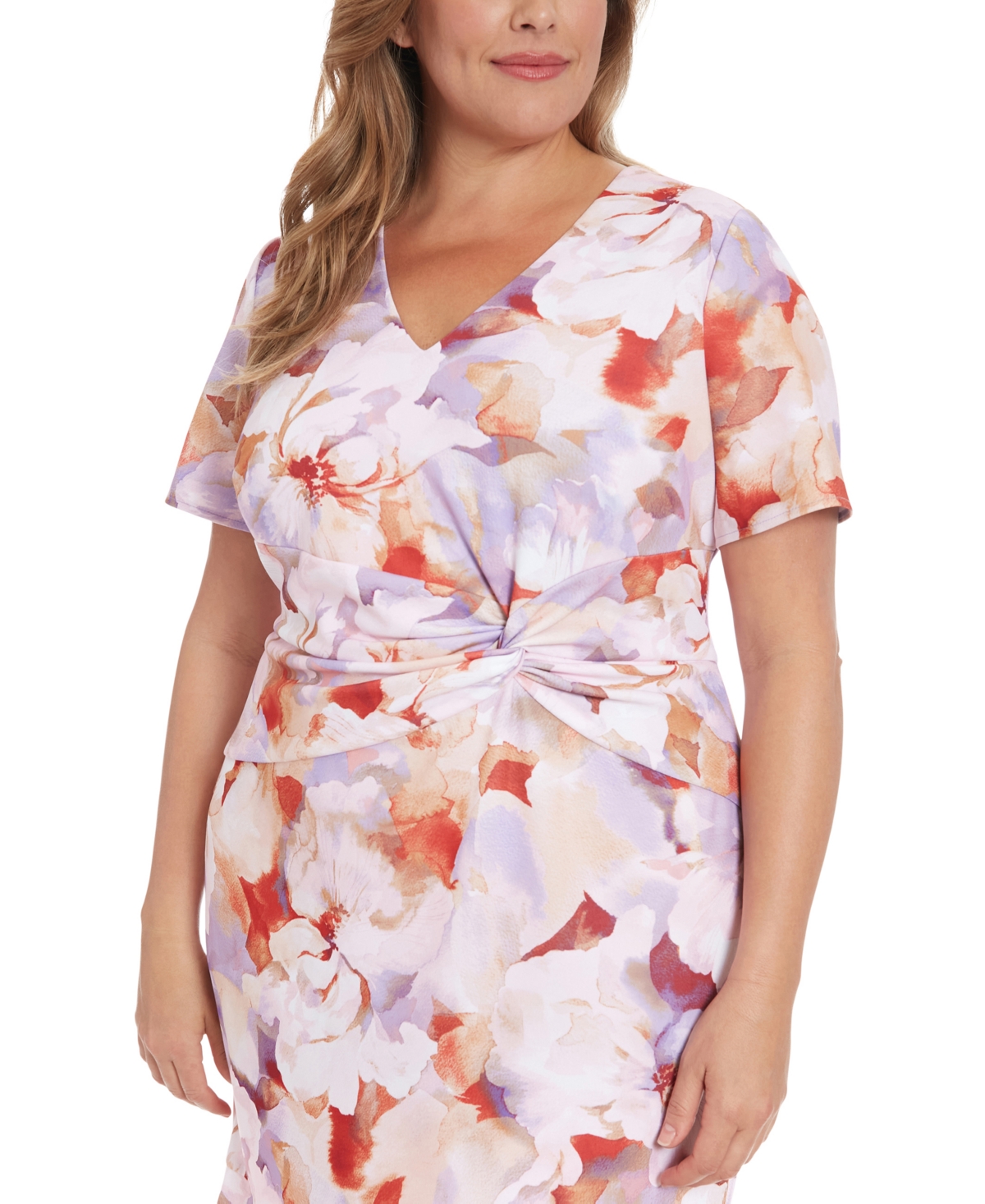 London Times Plus Size Floral-print Twist-front Midi Dress In Lavender