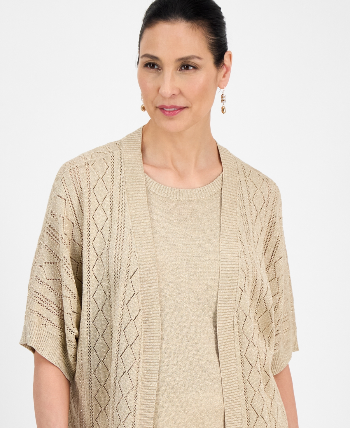 JM COLLECTION WOMEN'S LUREX OPEN-FRONT SHORT-SLEEVE CARDIGAN, EXCLUSIVELY AT MACY'S 