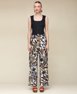 Avec Les Filles Womens Linen Blend Cropped Vest Printed Linen Blend Cargo Pants