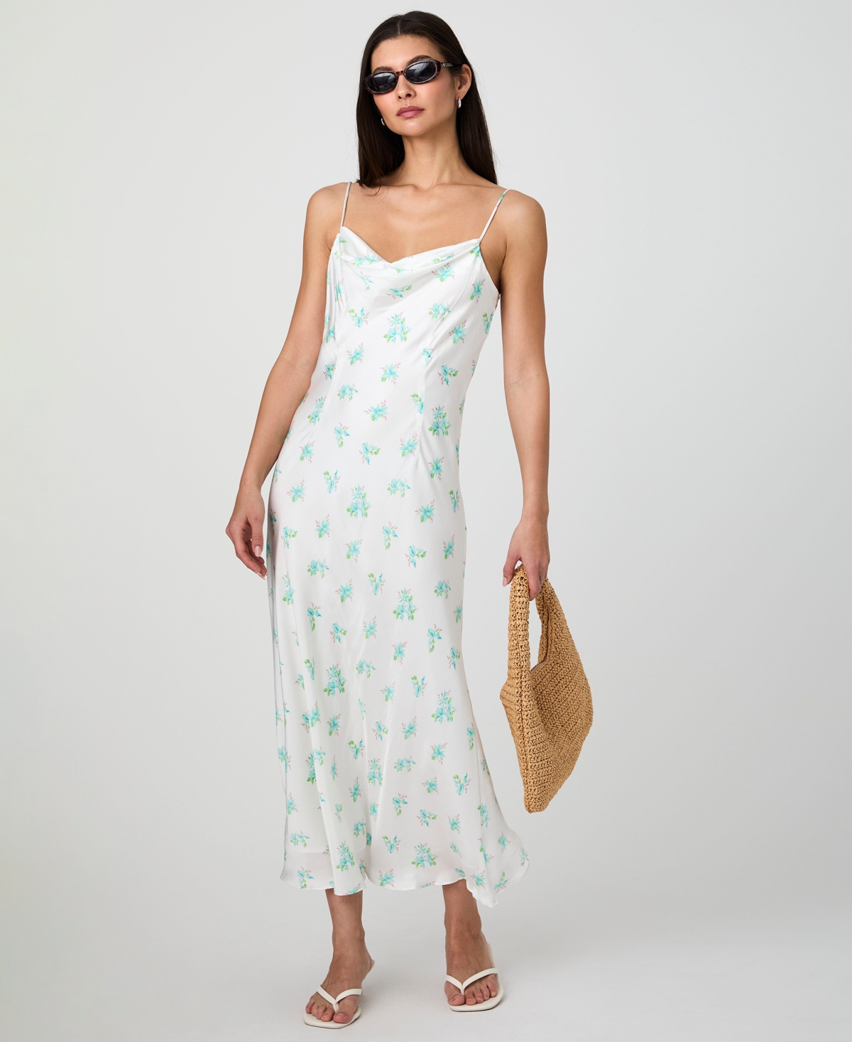 French Connection Anna Fleur Cowl Neck Satin Maxi Slipdress In Summer White,pastel Turquoise Multi Prin