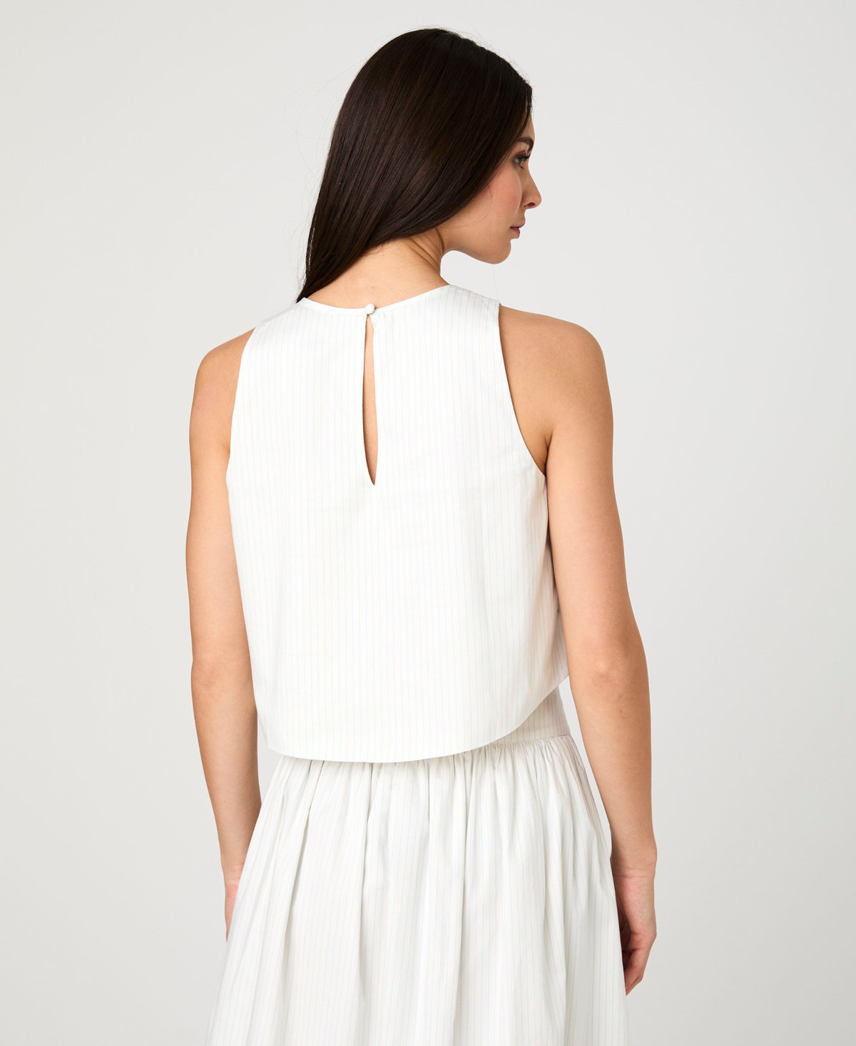 French Connection Birdie Tie Back Cutout Linen Blend Tank In Porcelain Cream,amalfi Blue Stripe