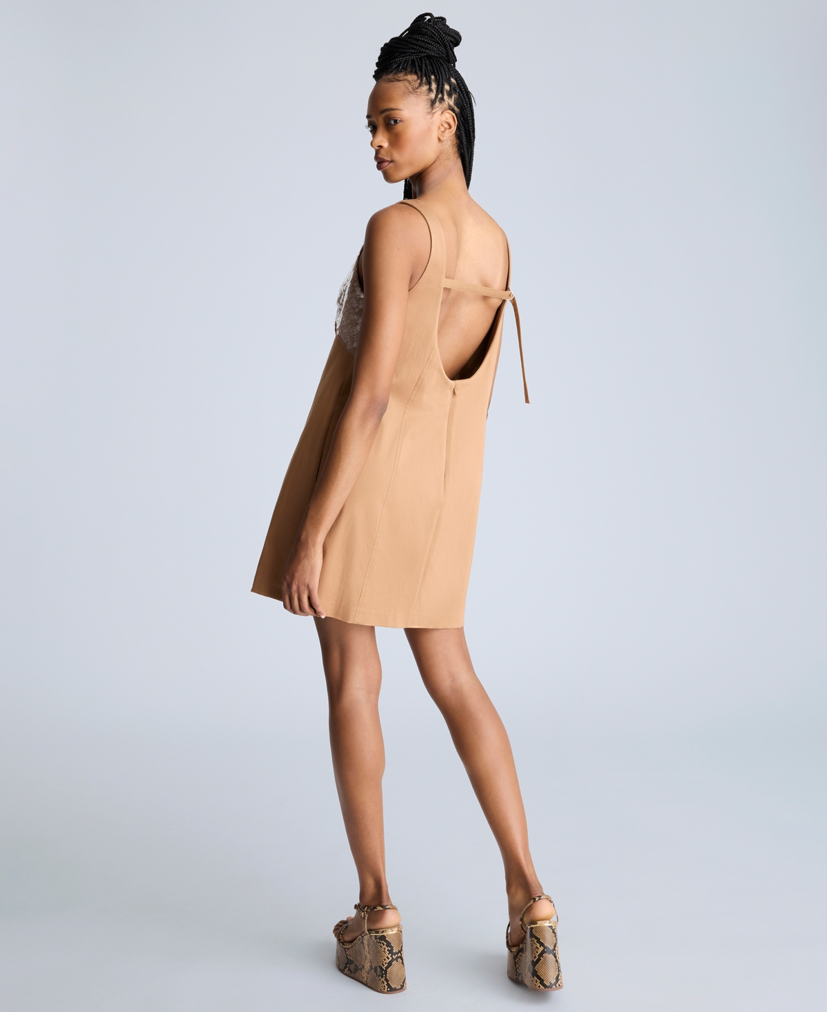 Kenneth Cole Sequin Bodice Open Back Cotton Blend Shift Dress In Dark Honey