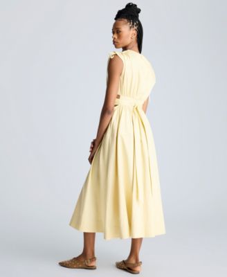 Women's Butter Yellow Ruched Tie-Shoulder Midi Dress