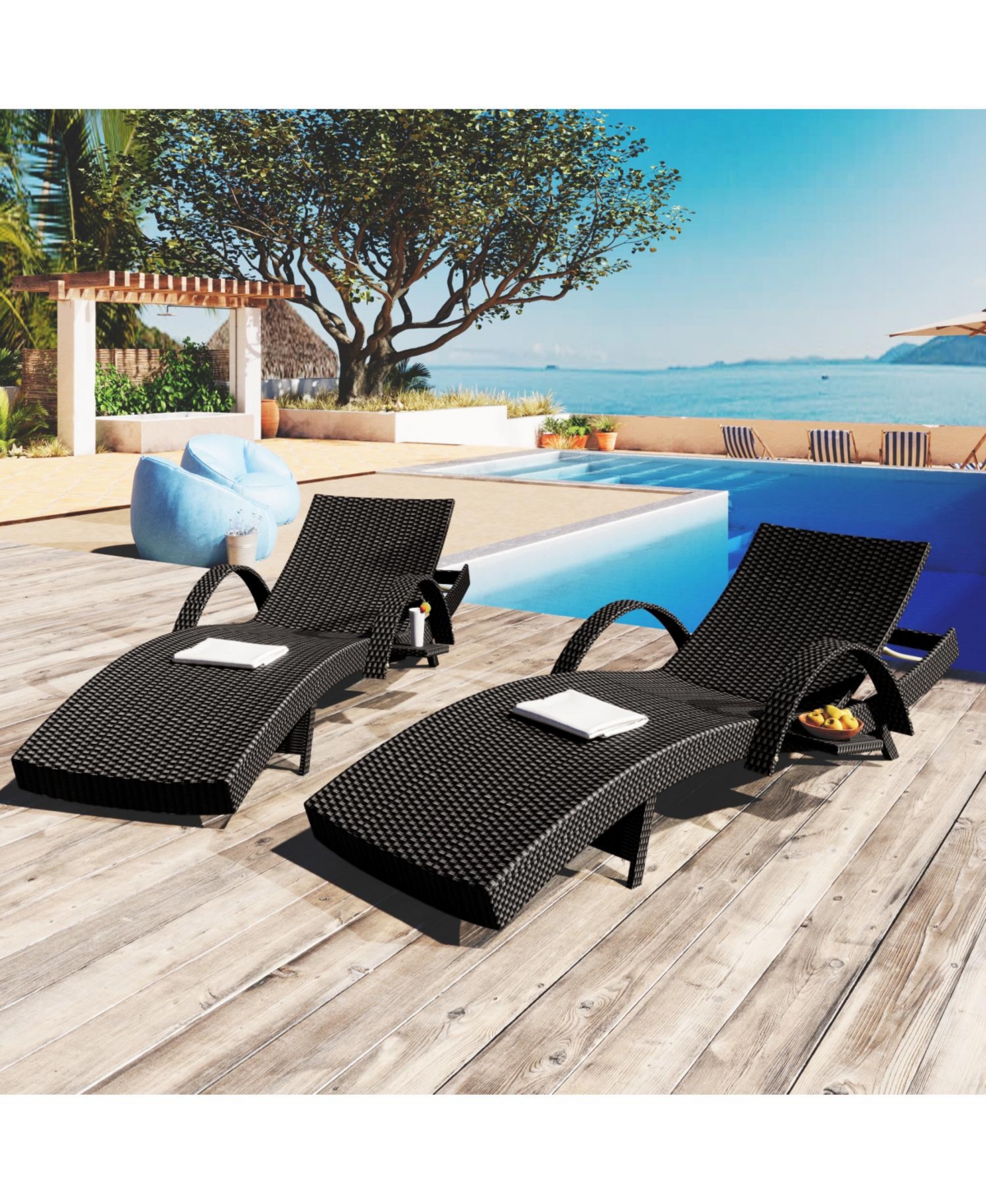 Streamdale Outdoor Wicker Chaise Lounge Set, Reclining, Adjustable, with Side Table, Black