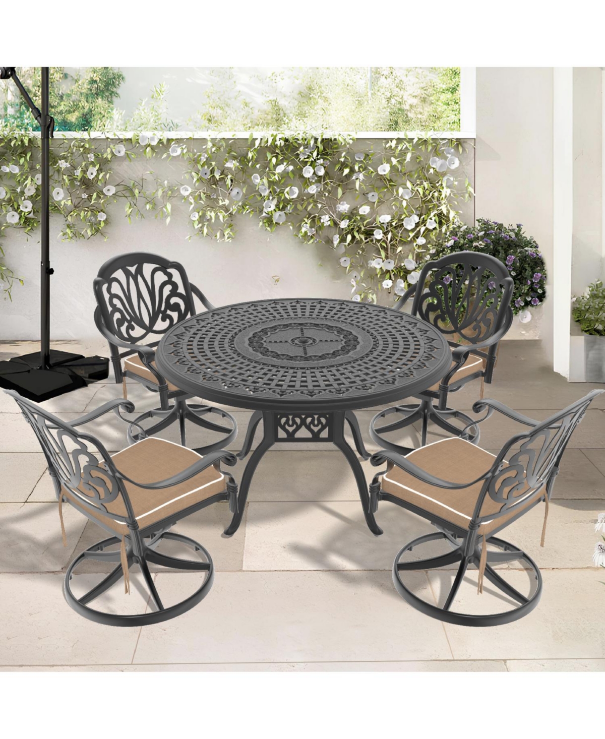 Streamdale 5-Pc Cast Aluminum Dining Set, 4 Swivel Chairs, 47" Round Table