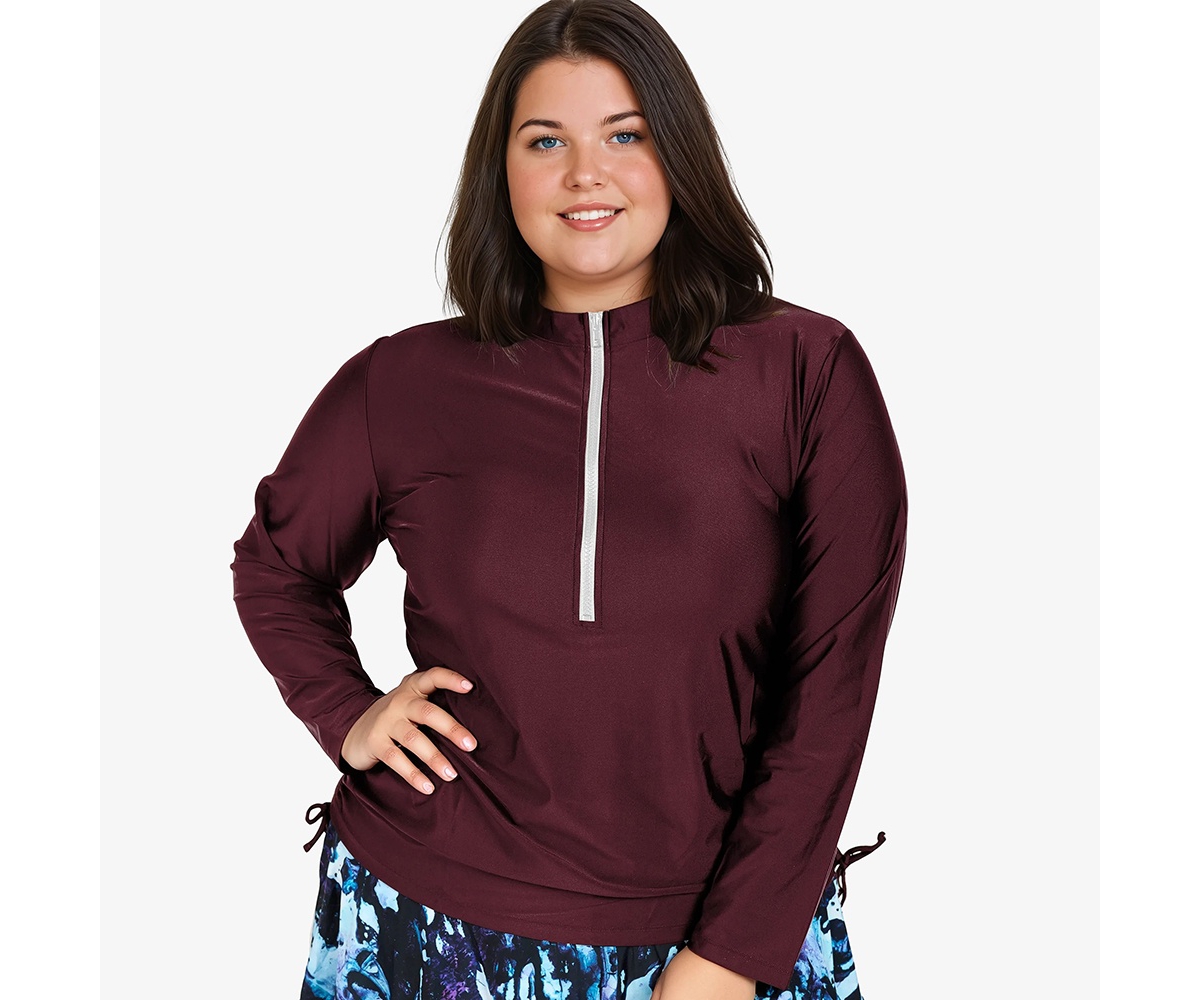 Plus Size Half-Zip Nora Swim Top - Wine