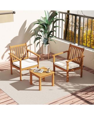 3 PCS Patio Wood Furniture Set Acacia Wood Chairs & Coffee Table with soft Cushions