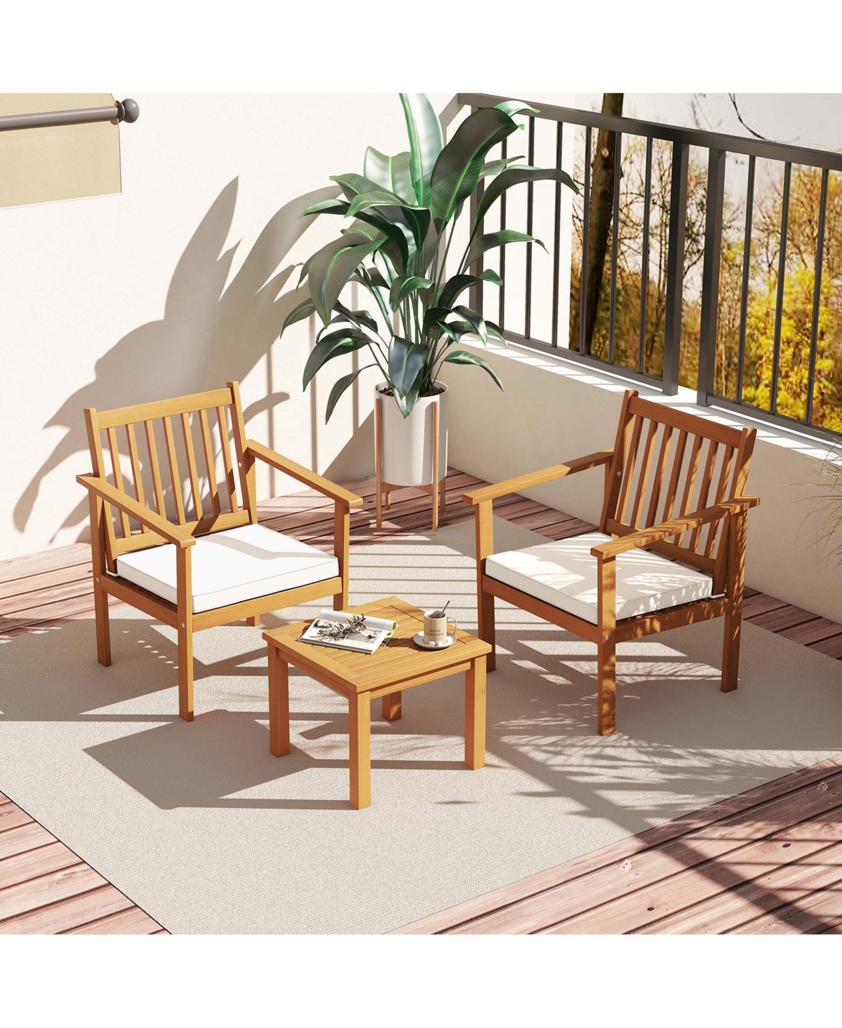 3 Pcs Patio Wood Furniture Set Acacia Wood Chairs & Coffee Table with soft Cushions