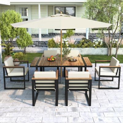 7-Piece Outdoor Dining Set, Table, Chairs, Cushions - Beige