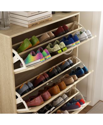 Wooden 3-door yellow shoe cabinet, multifunctional shoe rack with adjustable shelves, rattan drawers