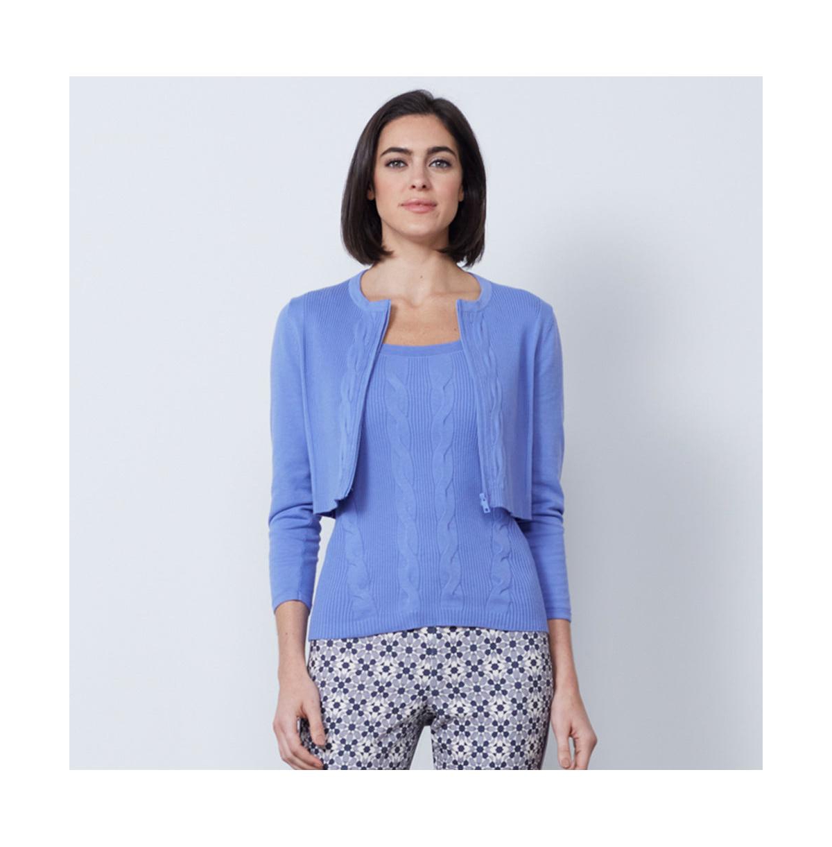 Women's Blue Cropped Zipped Jersey Cardigan Sweater Santorini - Persian blue