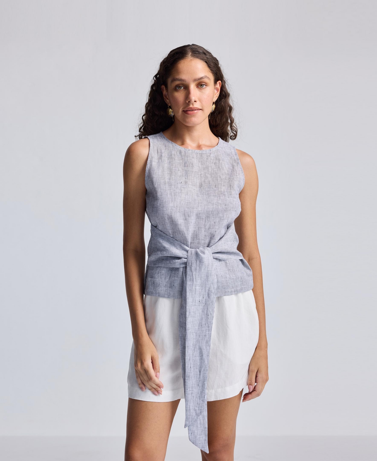 Women's Front-tie Top in Linen Stripes - Pin striped linen