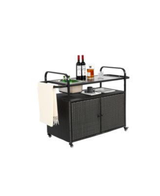 Streamdale Black wicker outdoor bar cart with steel top, ice bucket, locking wheels, and side basket