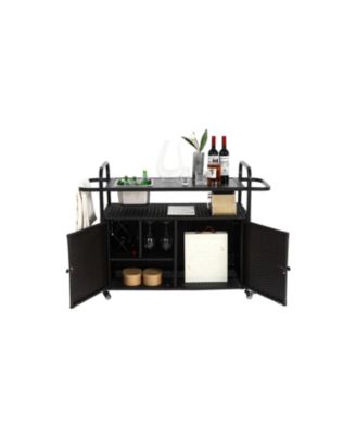 Streamdale Black wicker outdoor bar cart with steel top, ice bucket, locking wheels, and side basket