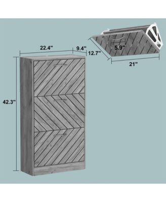Wooden 3-door natural shoe cabinet, shutter door drawers, multi-purpose shoe rack with adjustable shelves