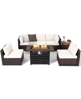 7PCS Patio Rattan Furniture Set 42'' Fire Pit Table w/ Cover Cushioned