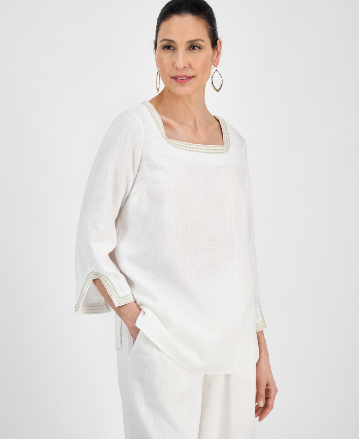 Women's Square-Neck 3/4-Slit-Sleeve Blouse, Exclusively at Macy's - Stonewall