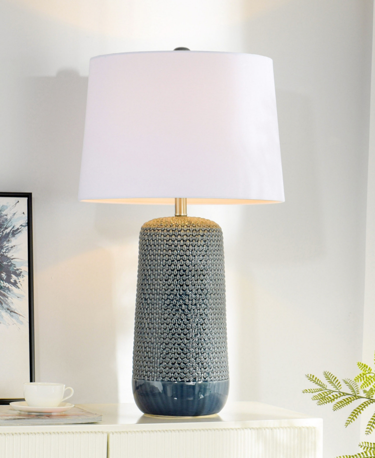 Stylecraft Home Collection 30" Galey Woven Wicker Ceramic Table Lamp In Navy Blue