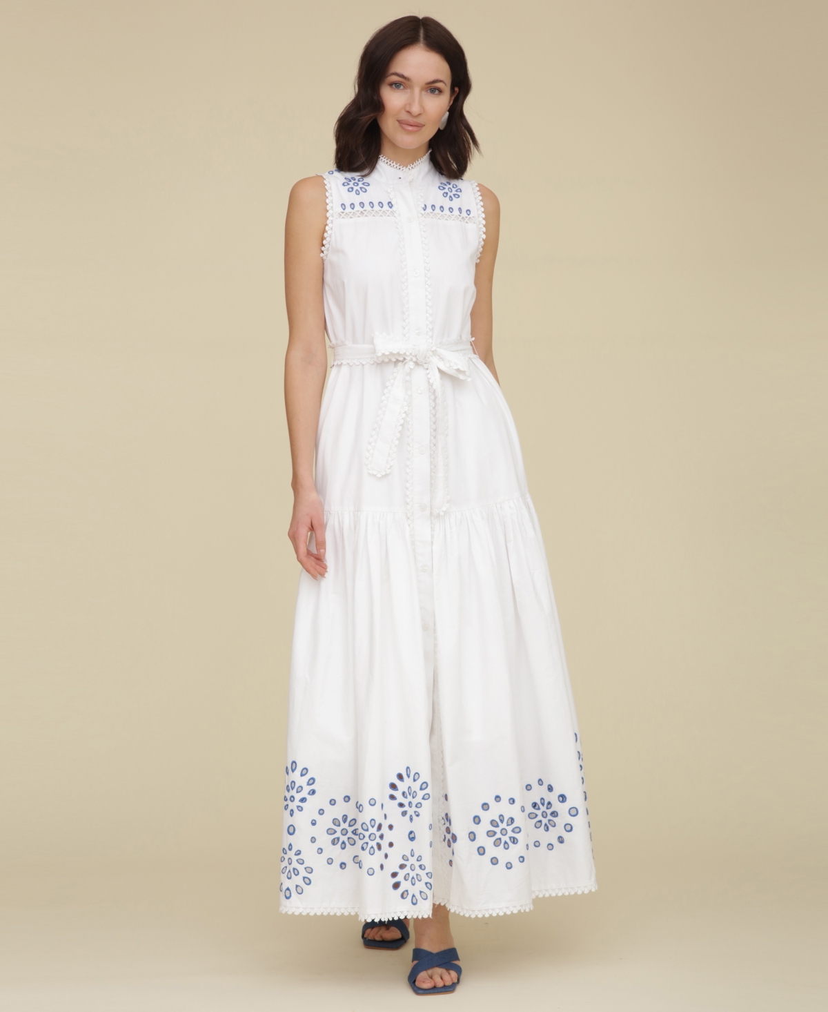 Avec Les Filles Eyelet Embroidery Sleeveless Maxi Dress In White  Blue