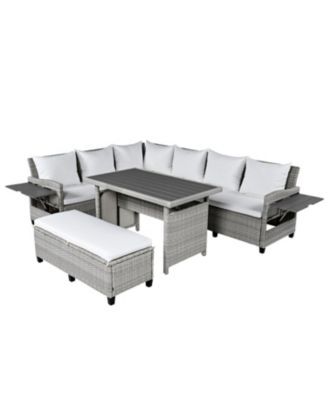 Streamdale 5-Piece Patio Rattan Sofa Set, L-Shape, Extendable Tables, Washable Covers, White