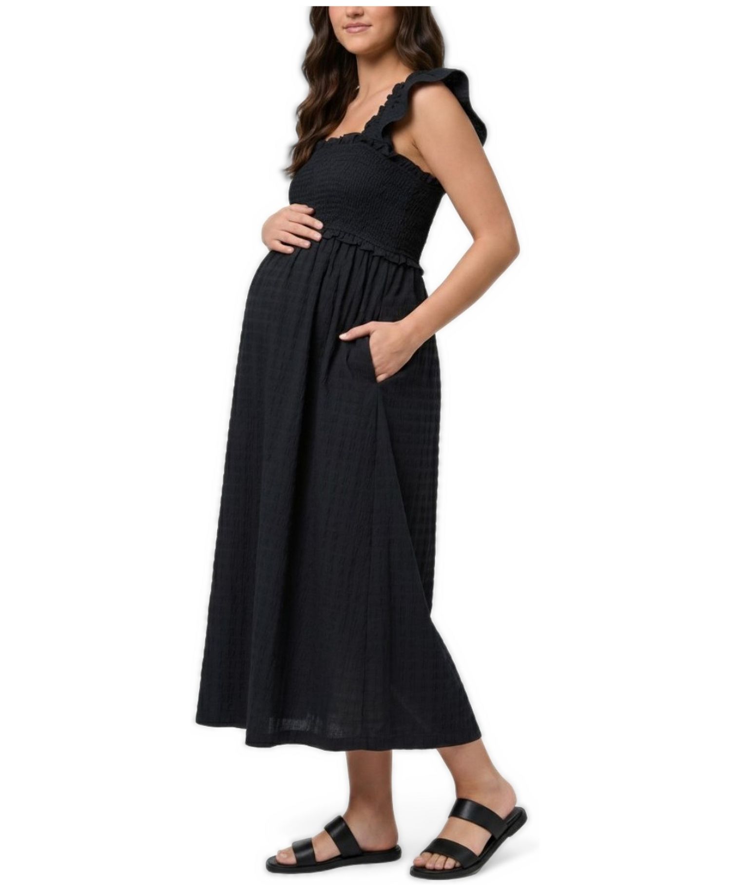 Women's Sleeveless Ruffle Shoulder Smocked Maxi Dress - Motherhood