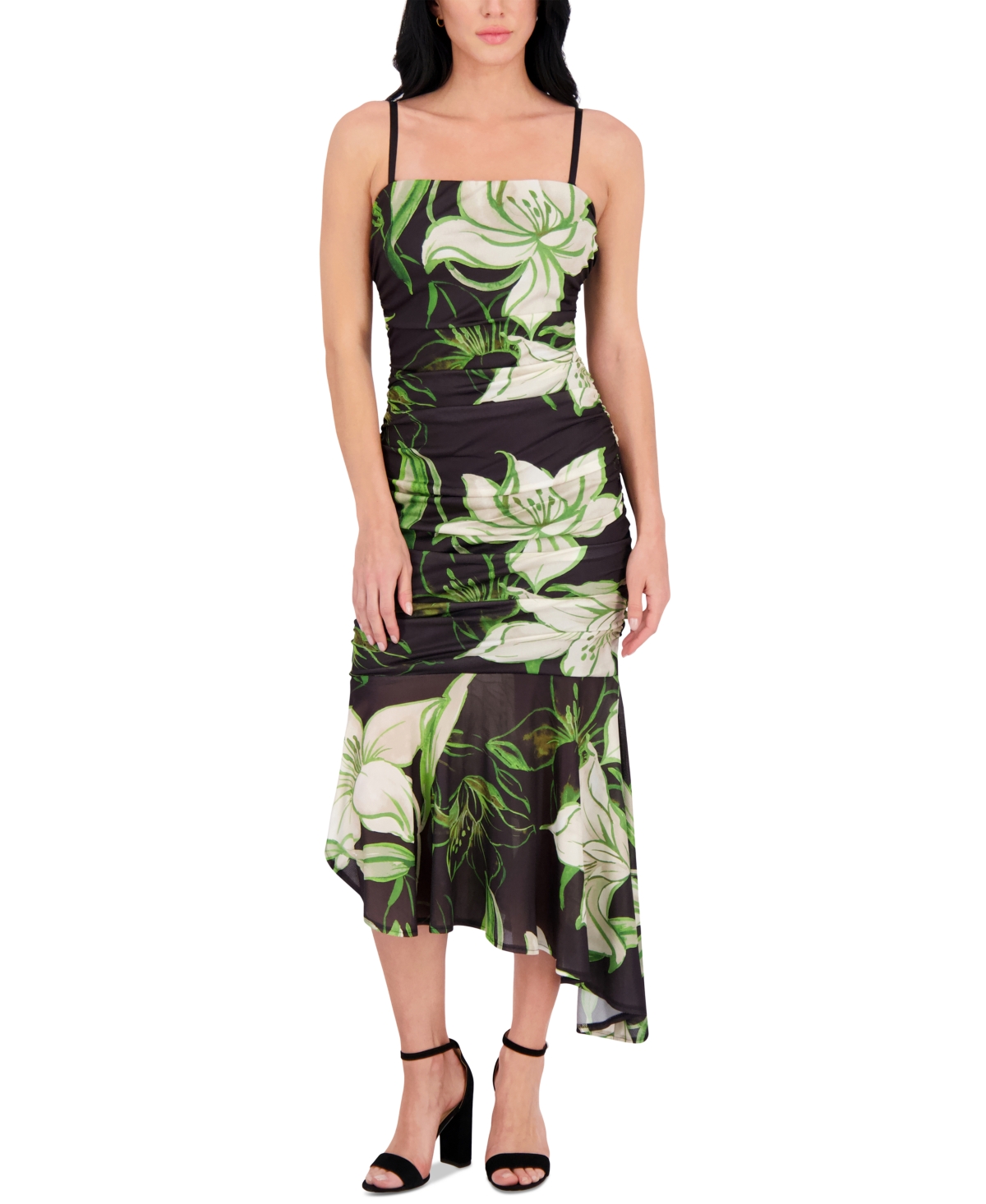 Women's Printed Stretch-Mesh Asymmetric Midi Dress - Multi