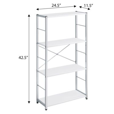 White and Chrome 4 Tier Rectangular Bookshelf Modern Open Shelf with X Shape Cross Bar Design