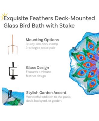 Exquisite Feathers Deck-Mounted/Staked Glass Bird Bath - 11” Diameter - Turquoise