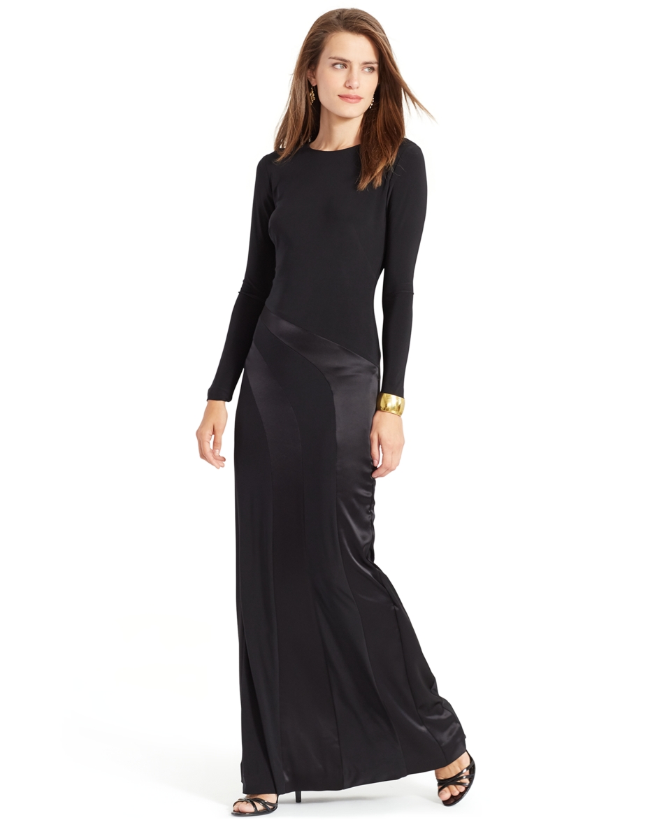 Lauren Ralph Lauren Long Sleeve Satin Panel Gown   Dresses   Women