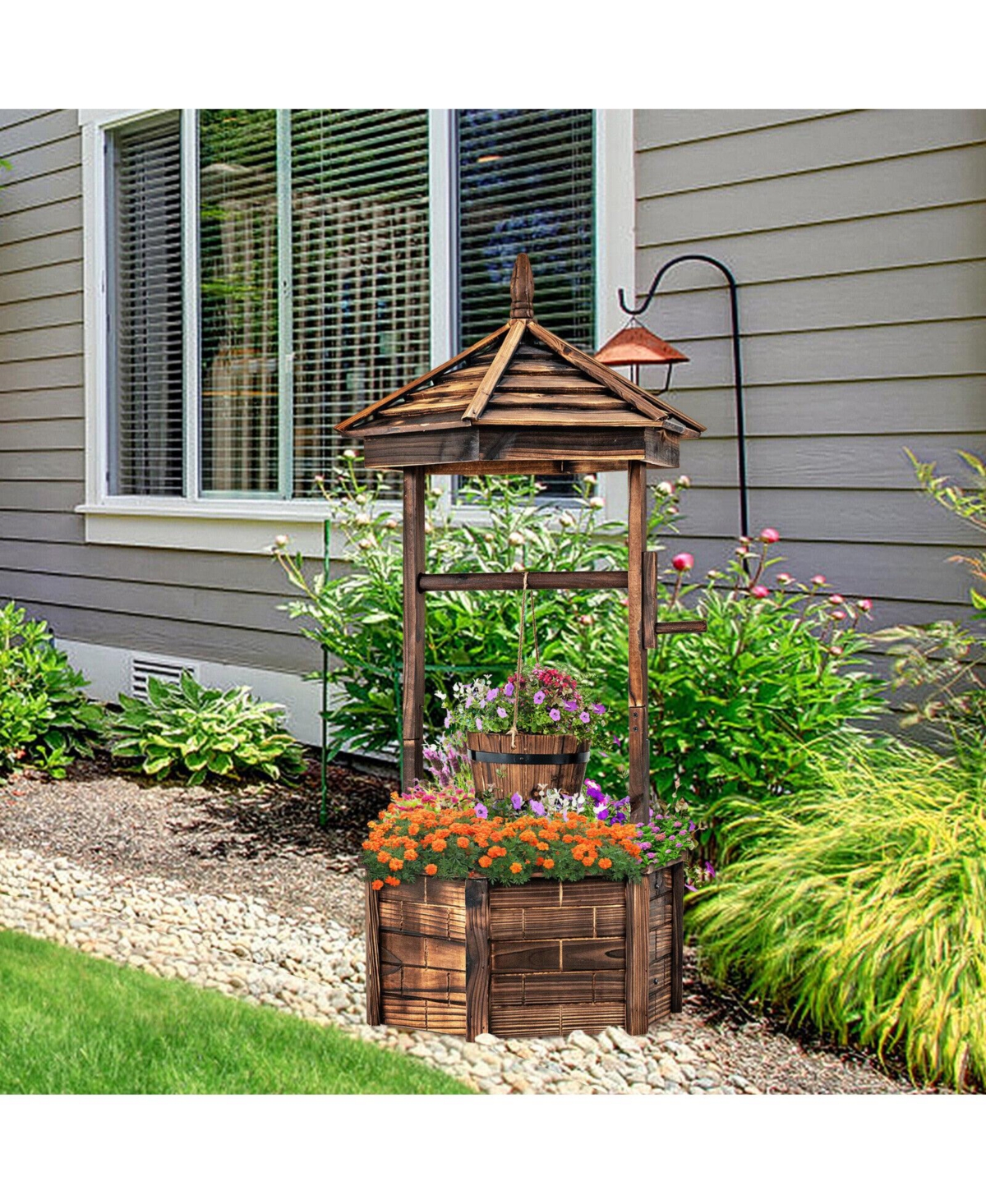 Rustic Wooden Wishing Well with Adjustable Hanging Bucket