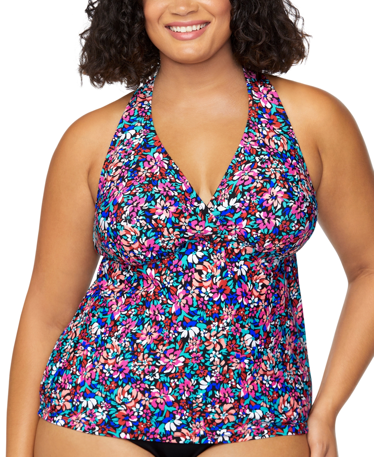 Plus Size Floral-Print H-Back Tankini Top, Exclusively at Macy's - Black Multi